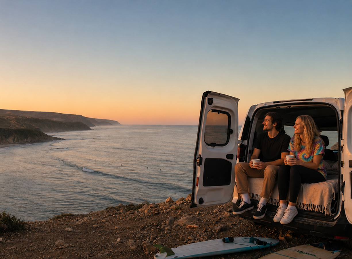 minicampers morocco campervan with a couple in it, on a roadtrip by the ocean